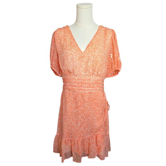 EXPRESS Chiffon Pink Peach Puff Sleeve Mini Ruffle Dress - Picture 2 of 4